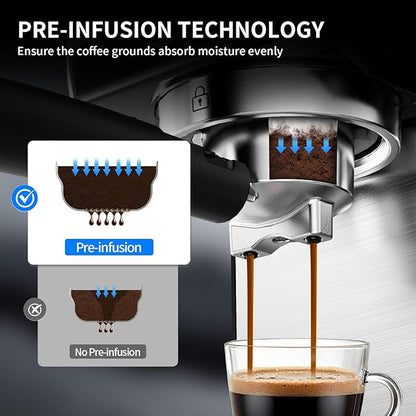 20Bar Espresso Machine with Hot & Rapid Cold Brew, Stainless Steel Coffee Makers, Cappuccino Latte Machine with Milk Frother Steam Wand for Home, 45oz Removable Water Tank, Touchscreen, Silver