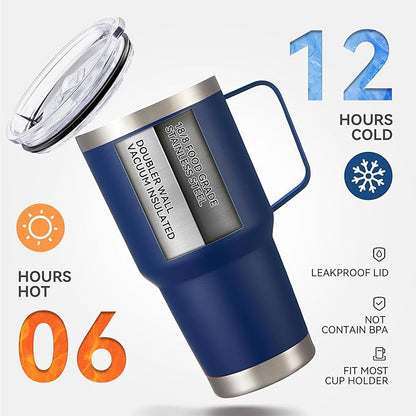 30 oz Tumbler with Handle and Lid, Stainless Steel Tumblers Double Wall Vacuum Insulated Travel Mug Leak Proof Cup Keep Drinks Cold and Hot Navy, 1 Pack