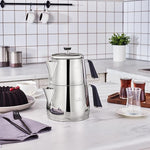 Load image into Gallery viewer, Karaca Fiona Stainless Steel Turkish Teapot Set XL, 1L Tea Pot &amp; 2L Water Tank (Kettle), Stove Top/Induction Compatible, Elegant Silver Design, Easy to Clean, Non-Flammable Handles
