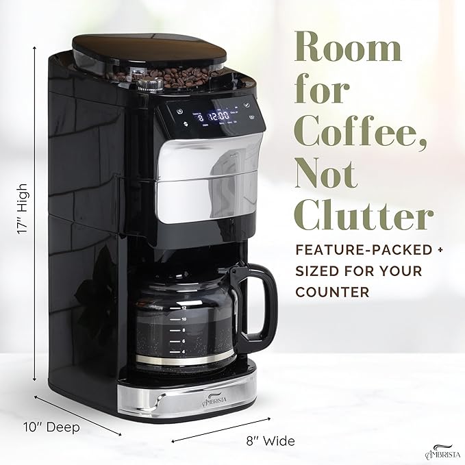 12-Cup Digital Drip Coffee Maker with Built-In Burr Grinder | Programmable Coffee Machine | Reusable Filter and Refillable Water Tank | Warming Plate with Glass Coffee Pot