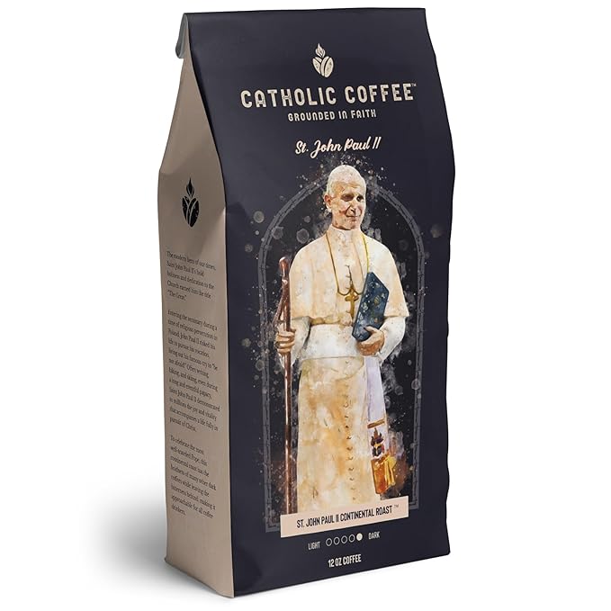 Catholic Coffee Pope St. John Paul II | Peruvian Dark Roast Ground Coffee – Cedar & Chocolate Notes | 12oz Bag – Bold Catholic Gift Inspired by a Modern Saint