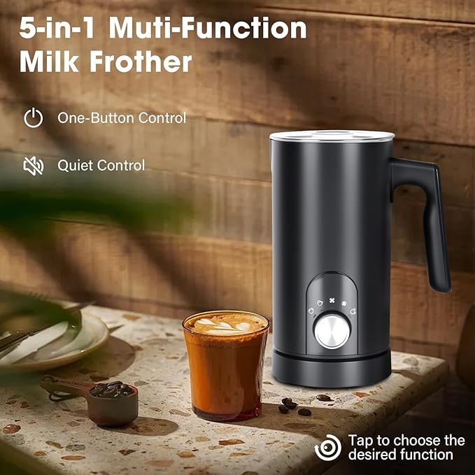 5-in-1 Milk Frother and Steamer,12oz/350ml Electric Milk Steamer,Automatic Cold and Hot Foam maker for Lattes,Coffee,Macchiato,Matcha,Non-stick Coating Interior.(Black）