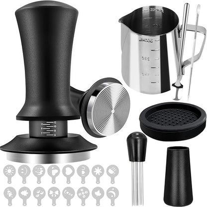 22Pcs Espresso Accessories, 51mm Espresso Tamper Kit, Espresso Machine Accessories Set with Coffee Tamper, WDT Tool, Tamper Mat, Coffee Stirrer, Frothing Pitcher, Latte Art Pen, 16 Coffee Stencils