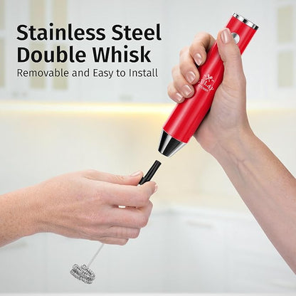 Zulay Kitchen Lux Rechargeable Milk Frother Handheld - Powerful 2-Speed Motor, Fully Waterproof, 2000mAh Battery - Drink Mixer For Latte, Cappuccino, Matcha, Protein Powder - Red