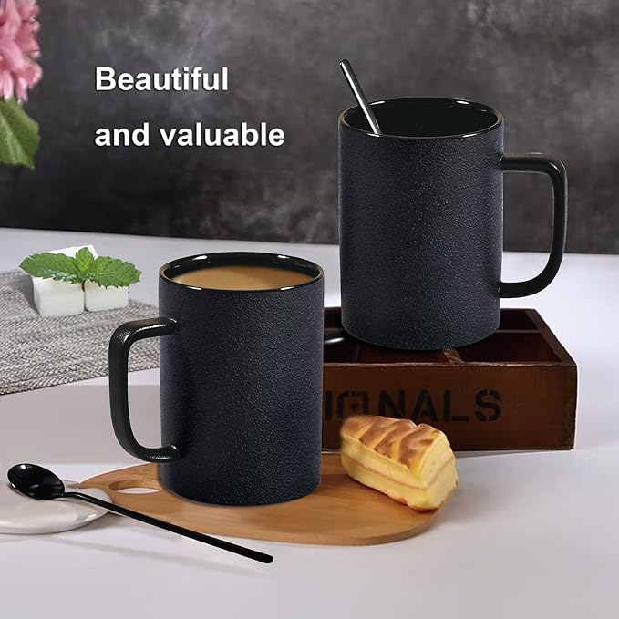 Coffee Mugs, Matte Black Ceramic Mug Set of 2, 13.5 OZ Large Coffee Set with Black Coffee Spoons, Big Cups for Cappuccino Latte or Tea for Home Office Restaurant or Bar, for Men and Women Couple Gift