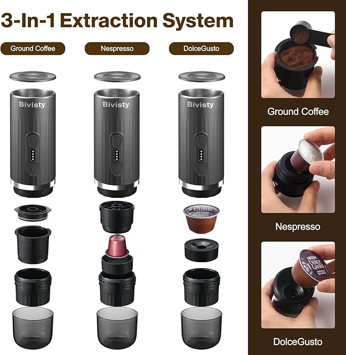 Portable Espresso Maker, Wireless Self-heating, Travel Coffee Maker, 80ml Water Tank, Ground Coffee Compatible with Nespresso & Dolce Gusto for Travel, Camping, Hiking, Office (Grey)