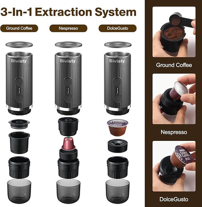 Portable Espresso Maker, Wireless Self-heating, Travel Coffee Maker, 80ml Water Tank, Ground Coffee Compatible with Nespresso & Dolce Gusto for Travel, Camping, Hiking, Office (Grey)