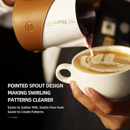 Milk Frothing Pitcher 450ml/16oz 304 Stainless Steel Espresso Steaming Pitcher with PU Leather, Milk Frothing Jug,milk frother cup,Milk Jug Cup,Premium Barista Tools,Latte Art (WHITE,16oz)