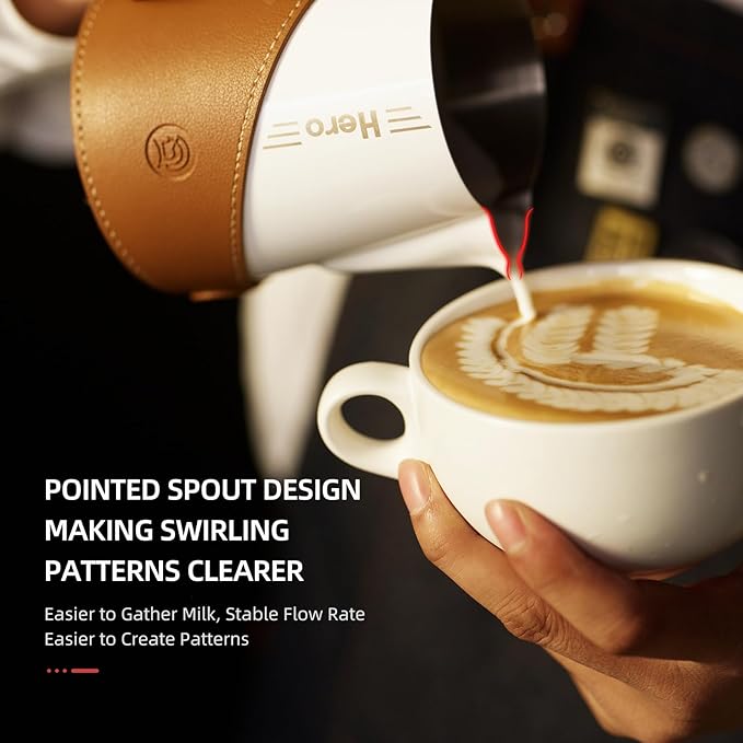 Milk Frothing Pitcher 450ml/16oz 304 Stainless Steel Espresso Steaming Pitcher with PU Leather, Milk Frothing Jug,milk frother cup,Milk Jug Cup,Premium Barista Tools,Latte Art (Black,20oz)