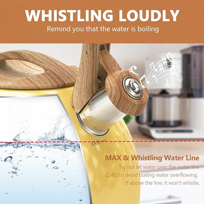 harriet Tea Kettle, Tea Pot for Stovetop, 2.5QT Whistling Kettle with 5-Layers bottom, Food Grade Stainless Steel Kettles with Hot-Resistant Handle Gas Electric Applicable, Yellow