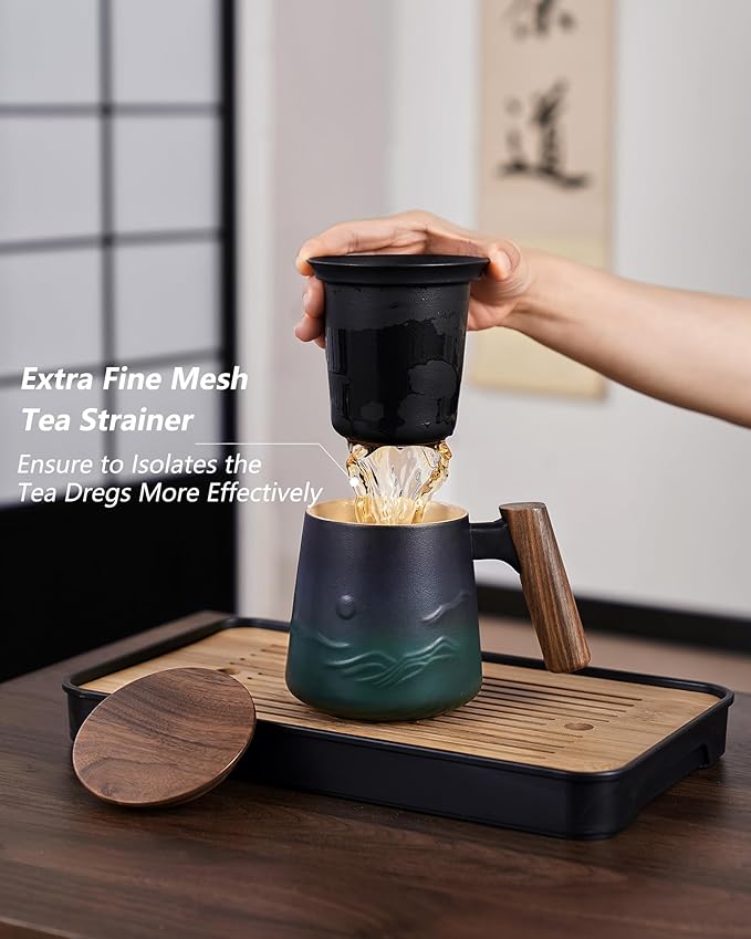 ZENS Embossed Ceramic Tea Mug with Infuser and Lid, 14.5 oz Wooden Handle, Loose Leaf Tea Steeper Mugs & Strainer for Tea Lovers Gifts