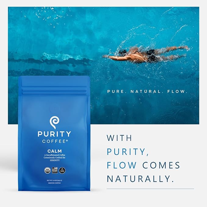 Purity Coffee CALM Decaf Ground Coffee - Natural Water Decaffeinated Coffee - USDA Organic and Third-Party Tested for Antioxidants, Mold, Mycotoxins and Pesticides - 12oz (Purity Calm, medium_roast) | Ground| CALM