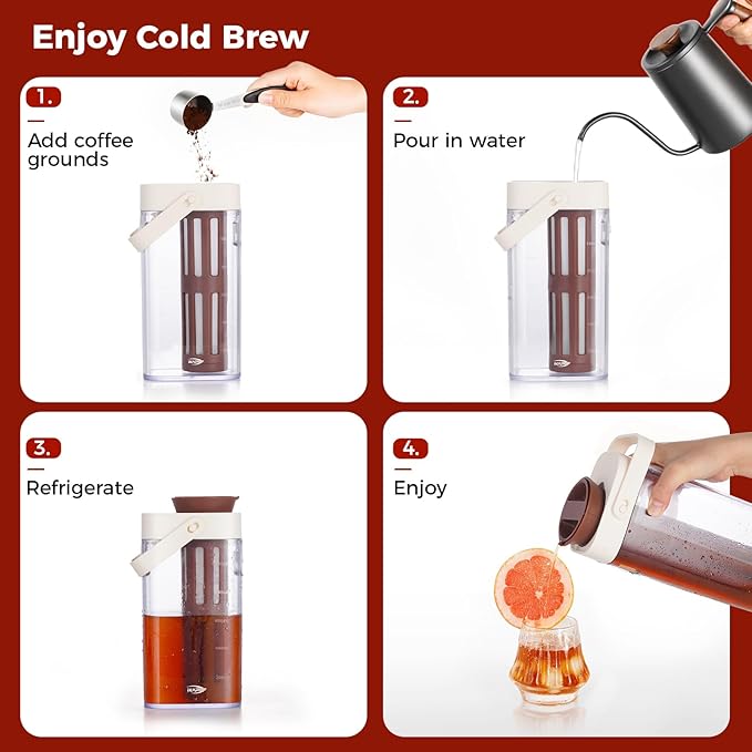 IKAPE 33.8oz Cold Brew Coffee Maker with Removable Filter, Leak-proof Spout for Iced Coffee, Tea & Flavored Drinks, Space Saving Tritan Pitcher (Brown)