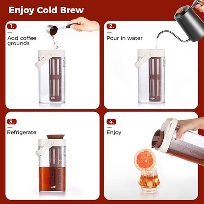 IKAPE 33.8oz Cold Brew Coffee Maker with Removable Filter, Leak-proof Spout for Iced Coffee, Tea & Flavored Drinks, Space Saving Tritan Pitcher (Brown)