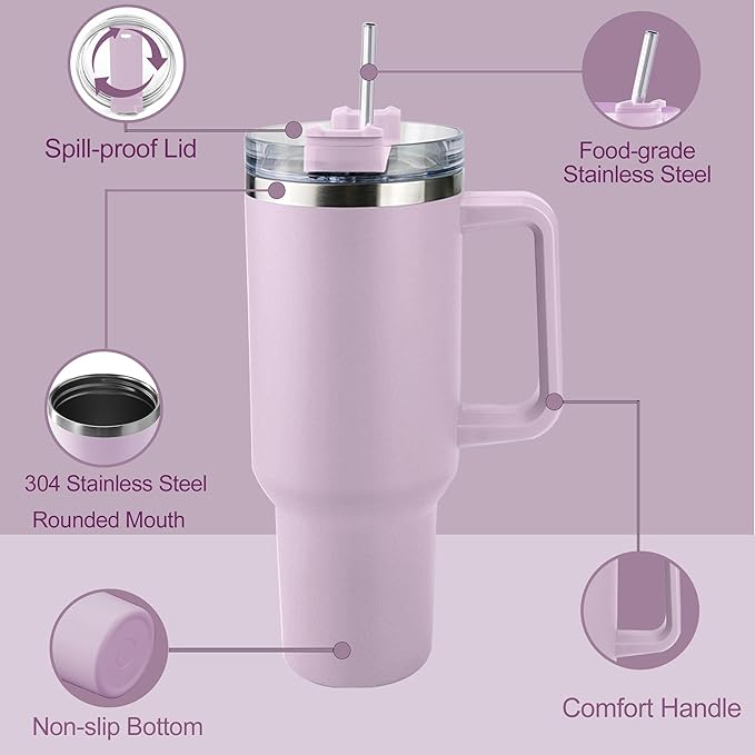 Ships Next Day,Birth Flower 40 Oz Tumbler with Handle and Straw, Personalized Tumbler with Name Insulated Cup Reusable Stainless Steel Water Bottle Travel Mug Christmas Birthday Gifts for Women