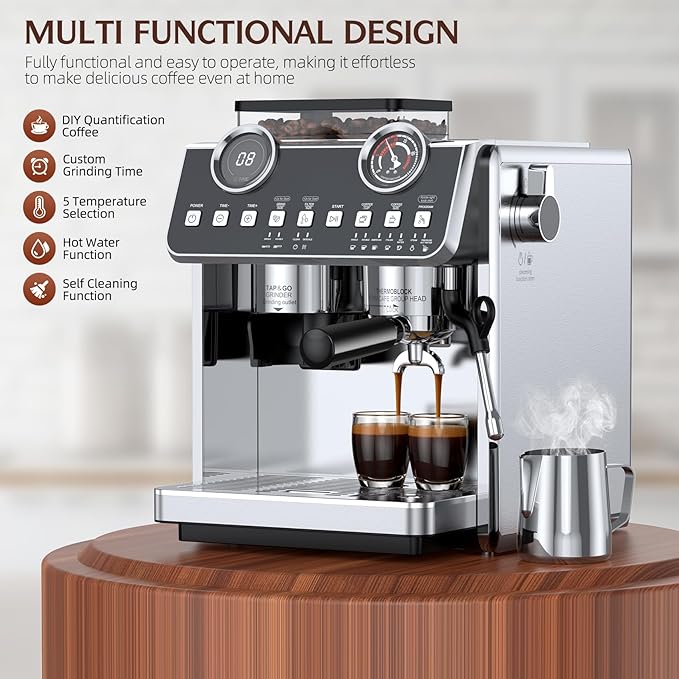 Espresso Machine with Grinder, 20 Bar Pressure Professional Espresso Maker with 30 Grinding Settings, 58mm Portafilte, Anti-scalding Milk Frother Steam Wand for Latte Cappuccino (Stainless Steel)