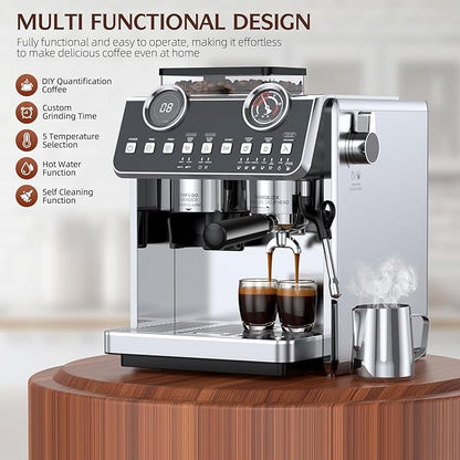 Espresso Machine with Grinder, 20 Bar Pressure Professional Espresso Maker with 30 Grinding Settings, 58mm Portafilte, Anti-scalding Milk Frother Steam Wand for Latte Cappuccino (Stainless Steel)