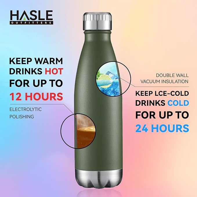 HASLE OUTFITTERS 17oz Stainless Steel Water Bottles, Vacuum Insulated Double Walled Powder Coated Reusable Metal Sports Water Bottles Keep Drinks Hot and Cold, ArmyGreen, 1Pack