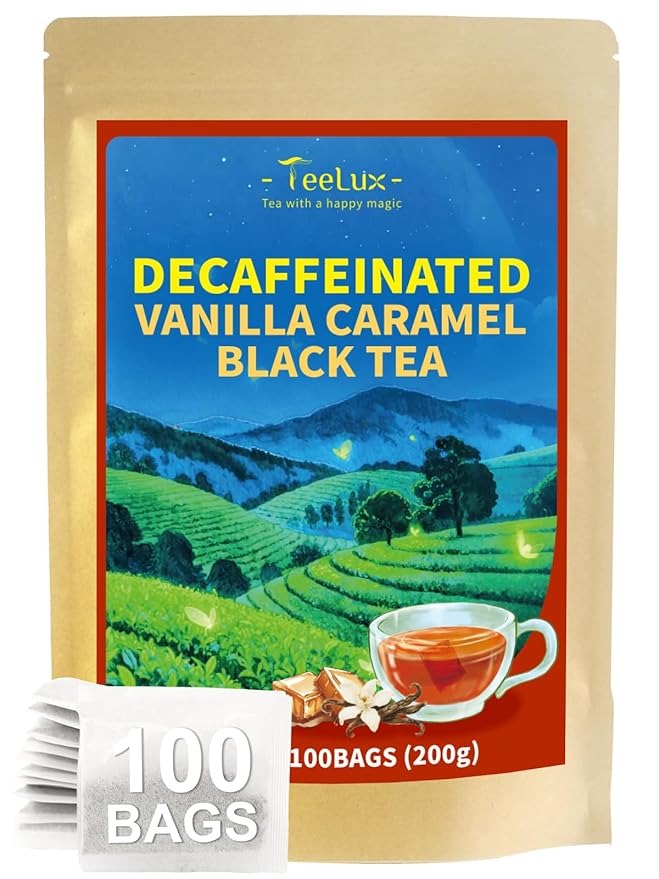 TeeLux Decaf Vanilla Caramel Black Tea Bags, Decaffeinated Black Tea with Vanilla Caramel, Robust & Smooth Taste, 100 Count