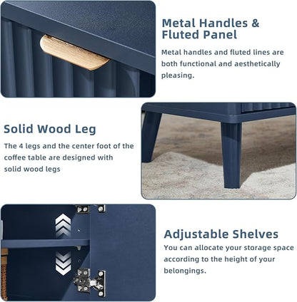 LEYAOYAO 48" Fluted Lift Top Coffee Table with Hidden Storage & Adjustable Shelves, Lifting Tabletop Large Rectangular Coffee Tables, Mid Century Modern Wood Center Table for Living Room, Nave Blue