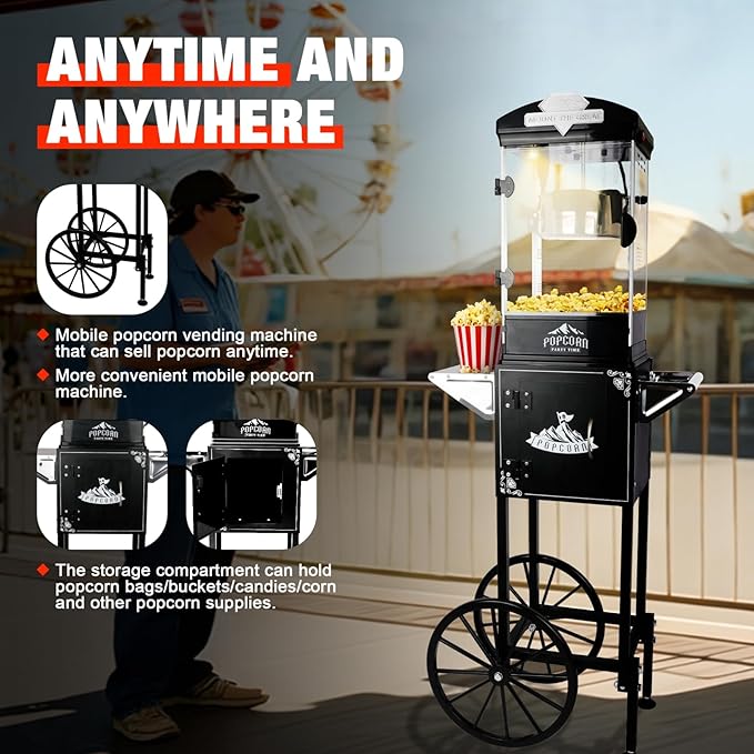 10oz Popcorn Machine with Cart, Wheels & Stainless Steel Kettle, Vintage Movie Theater Style, Popcorn Maker Machine for Parties, Events, Home & Commercial Use, Black