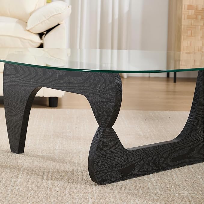Modern Noguchi Coffee Table, Triangle Coffee Table with Tempered Glass Modern Vintage Glass Tea Table Wood Glass Accent Center Table for Living Room, 44.5”x32”x16.5”, Black Transparent