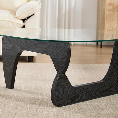 Modern Noguchi Coffee Table, Triangle Coffee Table with Tempered Glass Modern Vintage Glass Tea Table Wood Glass Accent Center Table for Living Room, 44.5”x32”x16.5”, Black Transparent