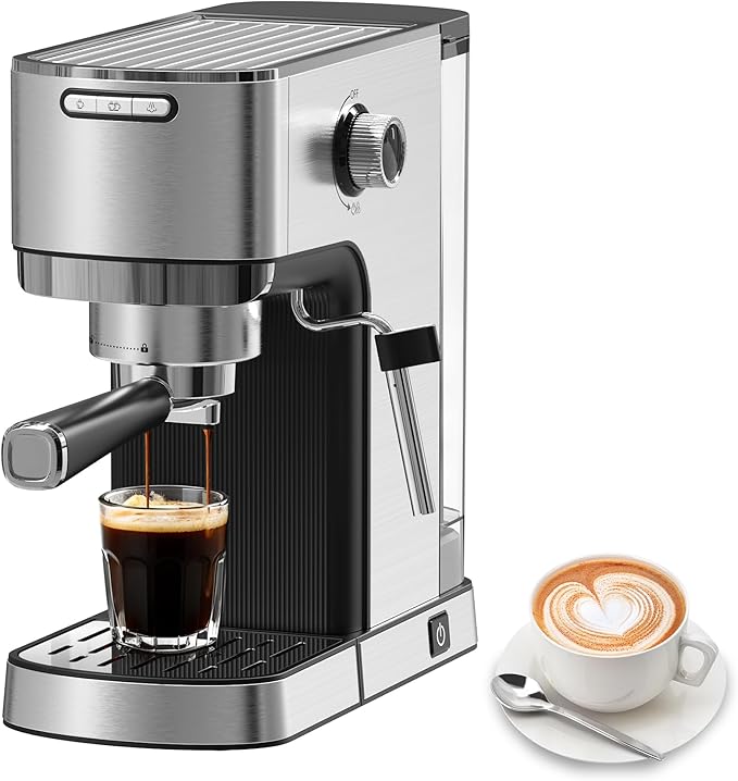VEGETA Espresso Machine with Milk Frother, Small Coffee Maker 20 Bar with 40oz Removable Water Tank, Stainless Steel Coffee Machine for Cappuccino & Latte, Silver