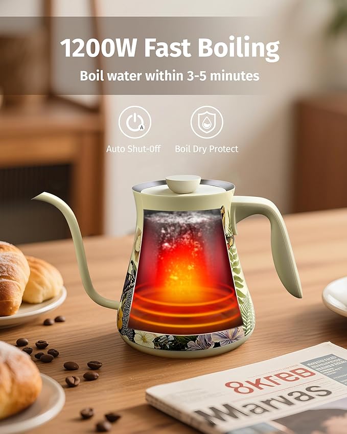0.8L Gooseneck Electric Kettle, Precise Temperature Control for Pour Over Coffee & Tea, 1200W Fast Boiling Water, Auto Shut Off, Scheduling, Stainless Steel, Floral Painted Design