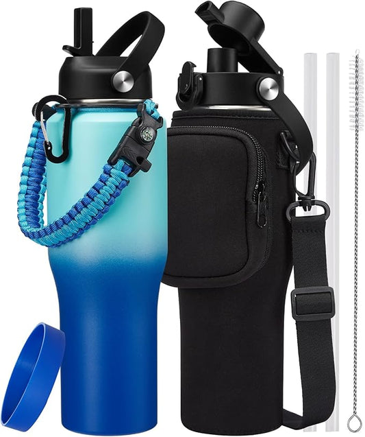 32oz Insulated Water Bottle with Straw - Keep Cold 48h or Hot 24h, Vacuum Stainless Steel Tumbler Metal Flask w/Survival Paracord Handle & Carrier Bag, T-shape Coffee Cup Fit Car Cup Holder