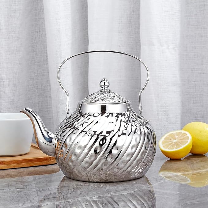 SANQIAHOME 2000ml stainless steel antique style teapot,with Infuser, thickened boiling kettle, lifting handle,Silver