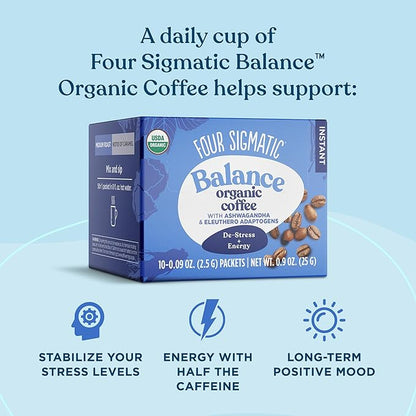 Adaptogen Organic Coffee by Four Sigmatic | Medium Roast Instant Coffee with Ashwagandha, Chaga, Eleuthero & Tulsi | Immune Support & Stress Relief | Keto | Multicolored | 0.09 Oz | Pack of 10