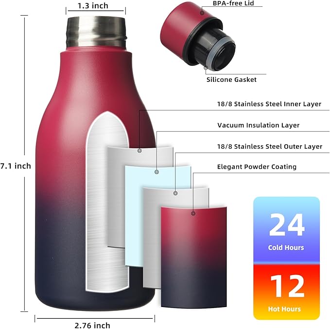 BJPKPK Insulated Water Bottles, 12oz Stainless Steel Metal Water Bottle with Strap, BPA Free Leak Proof Jugs, Mugs, Flasks, Reusable Thermal Flasks for Sports & Travel, Charming Black Red
