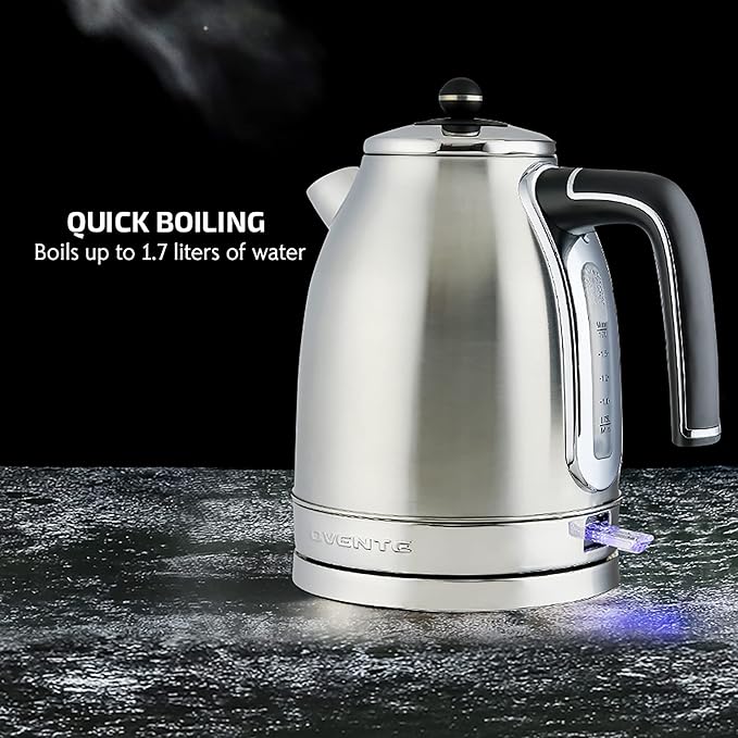 OVENTE 1.7L Electric Kettle, 1500W Fast Boiling Water Heater for Coffee or Tea with Stainless Steel BPA-Free and Cordless Body, Auto Shut-Off, Boil-Dry Protection and Removable Filter, Silver KS777S