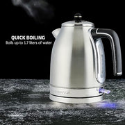 OVENTE 1.7L Electric Kettle, 1500W Fast Boiling Water Heater for Coffee or Tea with Stainless Steel BPA-Free and Cordless Body, Auto Shut-Off, Boil-Dry Protection and Removable Filter, Silver KS777S