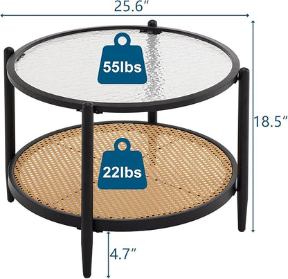 VINGLI 25.6" Black Rattan Coffee Table, Round Water-Wave Glass Metal Center Table, Modern Coffee Table with 2-Tier Storage, Farmhouse Circular Coffee Table for Living Room and Small Space