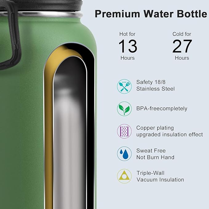 Koodee Insulated Water Bottle, 32 oz Stainless Steel Double Wall Vacuum Wide Mouth Sport Bottle with Leakproof Spout Lid (Grass Green)