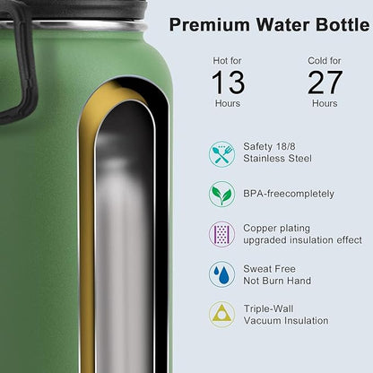 Koodee Insulated Water Bottle, 32 oz Stainless Steel Double Wall Vacuum Wide Mouth Sport Bottle with Leakproof Spout Lid (Grass Green)