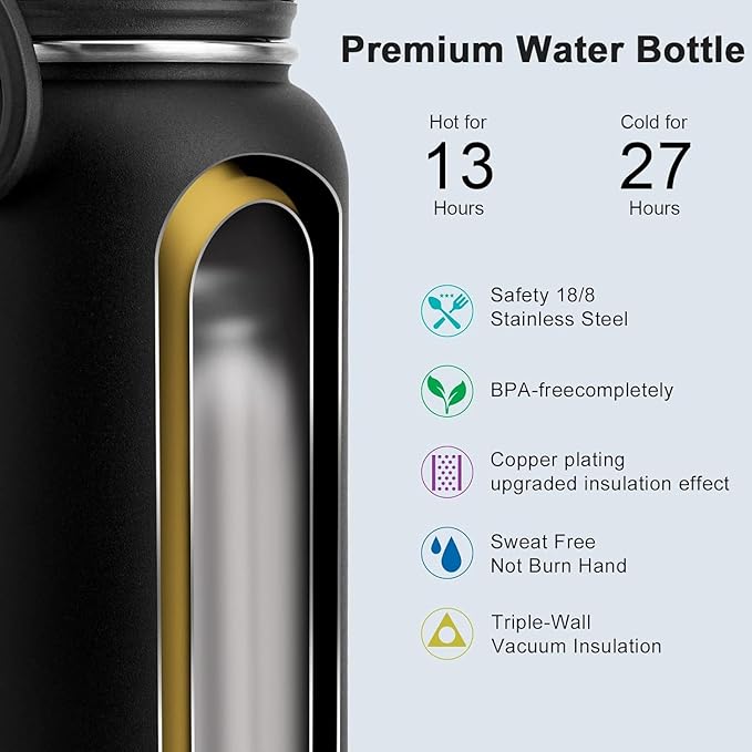 Koodee Insulated Water Bottle, 18 oz Stainless Steel Double Wall Vacuum Wide Mouth Sport Bottle with Leakproof Spout Lid (Black)