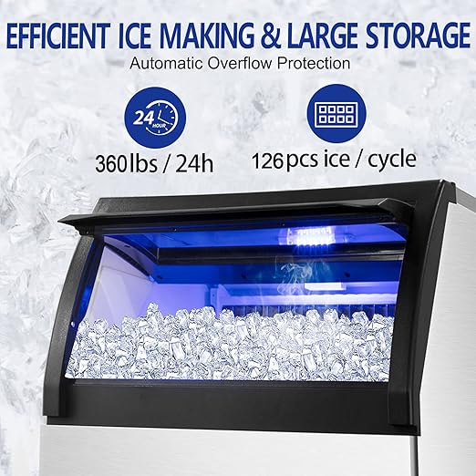 Commercial Ice Maker Machine 360LBS/24H with 77LBS Large Ice Storage Bin, 126Pcs Clear Ice Cubes in 8-15Mins, Stainless Steel Under Counter Industrial Ice Machine for Bar, Restaurant Business