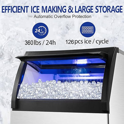 Commercial Ice Maker Machine 360LBS/24H with 77LBS Large Ice Storage Bin, 126Pcs Clear Ice Cubes in 8-15Mins, Stainless Steel Under Counter Industrial Ice Machine for Bar, Restaurant Business