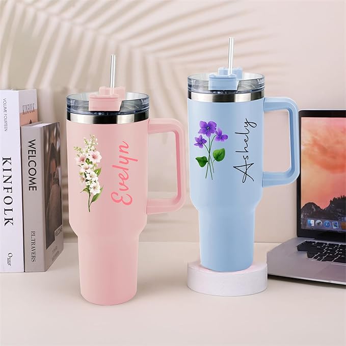 ThermoThrill Ships Next Day, Personalized 40 Oz Tumbler with Handle and Straw Custom Tumbler with Text Stainless Steel Mug Birthday Gifts for Women