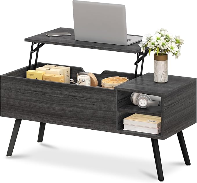 ALINE FURNITURE Gray Coffee Table Lift Top - Dark Grey Coffee Table with Solid Wood Legs, Hidden Storage Compartment & Open Shelves - 40" Rectangle Coffee Tables for Living Room