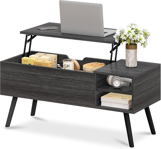 ALINE FURNITURE Gray Coffee Table Lift Top - Dark Grey Coffee Table with Solid Wood Legs, Hidden Storage Compartment & Open Shelves - 40" Rectangle Coffee Tables for Living Room