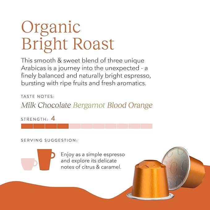 Cru Kafe Bright Roast USDA Organic Espresso Coffee Capsules (50 Pods) Fairtrade Coffee Pods Compatible with Nespresso Original Line and Pixie Machines