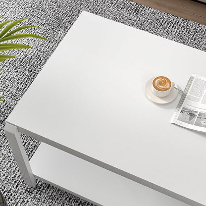 EXCEFUR White Coffee Table with Storage, Modern Center Table for Living Room, Rustic Wood and Metal Cocktail Tables, White Oak