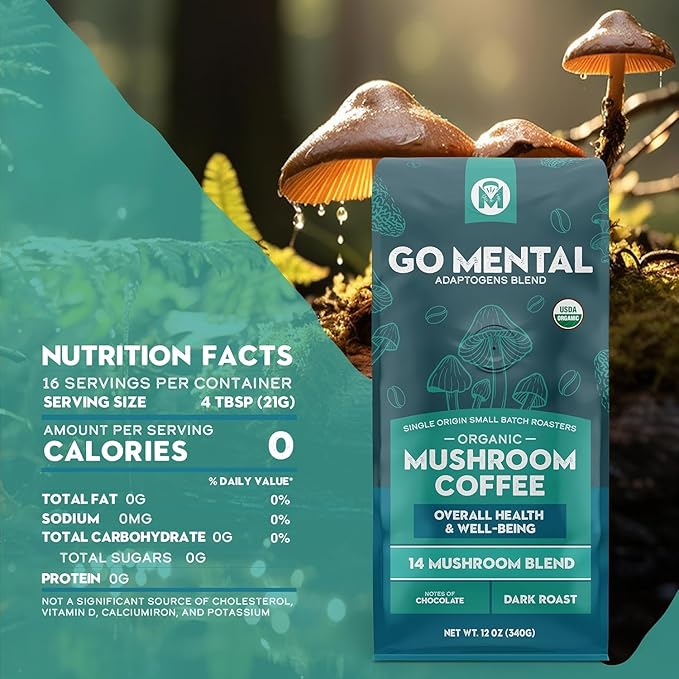 Organic 14 Mushroom Coffee Blend Dark Roast, Organic Lion's Mane, Chaga, Red Reishi and more, Chocolate Notes, Enhances Overall Health, Immune Support And Wellbeing, Ground 12 oz Bag (2 Pack)