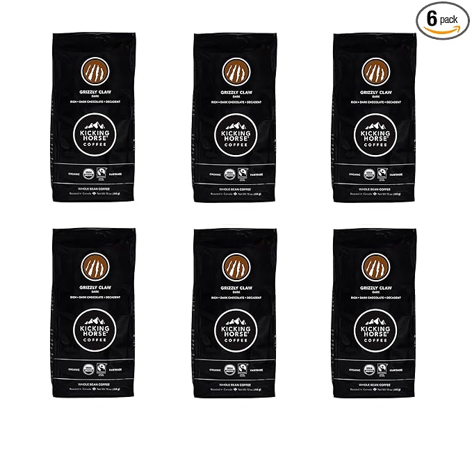 Kicking Horse Coffee, Grizzly Claw, Dark Roast, Whole Bean, 10 oz - Certified Organic, Fairtrade, Kosher Coffee (Pack of 6) (Packaging may vary),10 Ounce (Pack of 6)