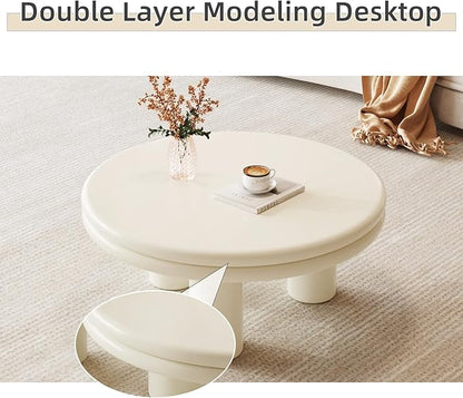 Modern Coffee Table, Round Coffee Table with Dual-Layered Table Tops, Cream White Living Room Center Table for Bedroom, Office, Small Spaces, Easy to Assemble