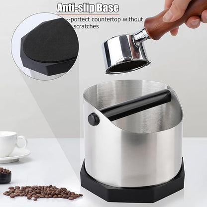 Coffee Knock Box, Large Capacity Espresso Knock Box with Non-Slip Base, Coffee Measuring Cup,Coffee Puck Knock Box Stainless Steel for Espresso Machine Coffee Grounds (Silver)